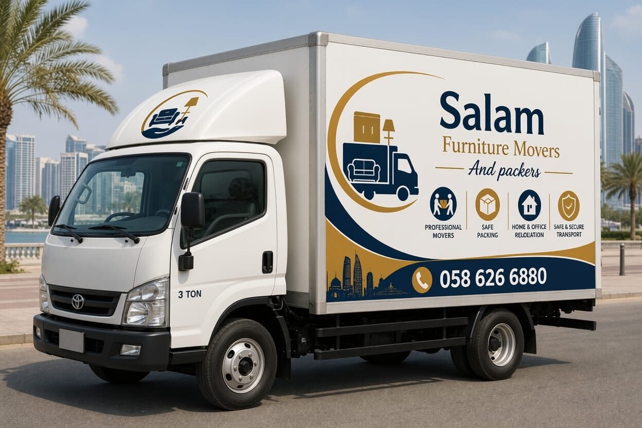 Salam Movers branded moving truck on the Abu Dhabi corniche